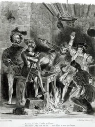 Mefistófeles e os Companheiros de Beber, do Fausto de Goethe, 1828, (ilustração), (bw foto de litografia)